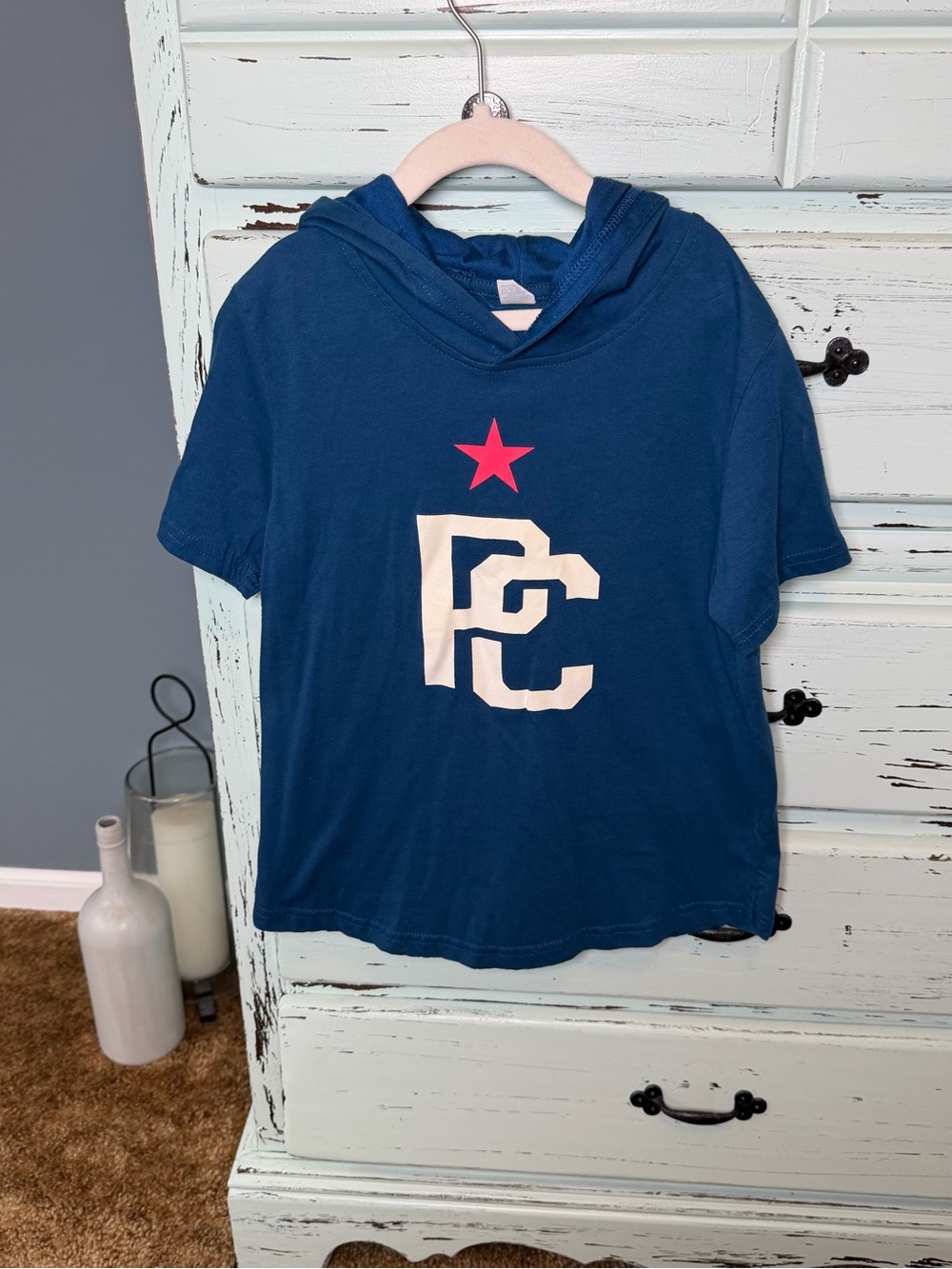 Plate Crate Blue Short-Sleeve Hooded Tee. Kids size YM.